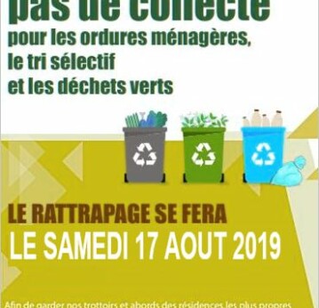 Jeudi 15 août pas de collecte ordures ménagères. Rattrapage prévu le samedi 17 août.